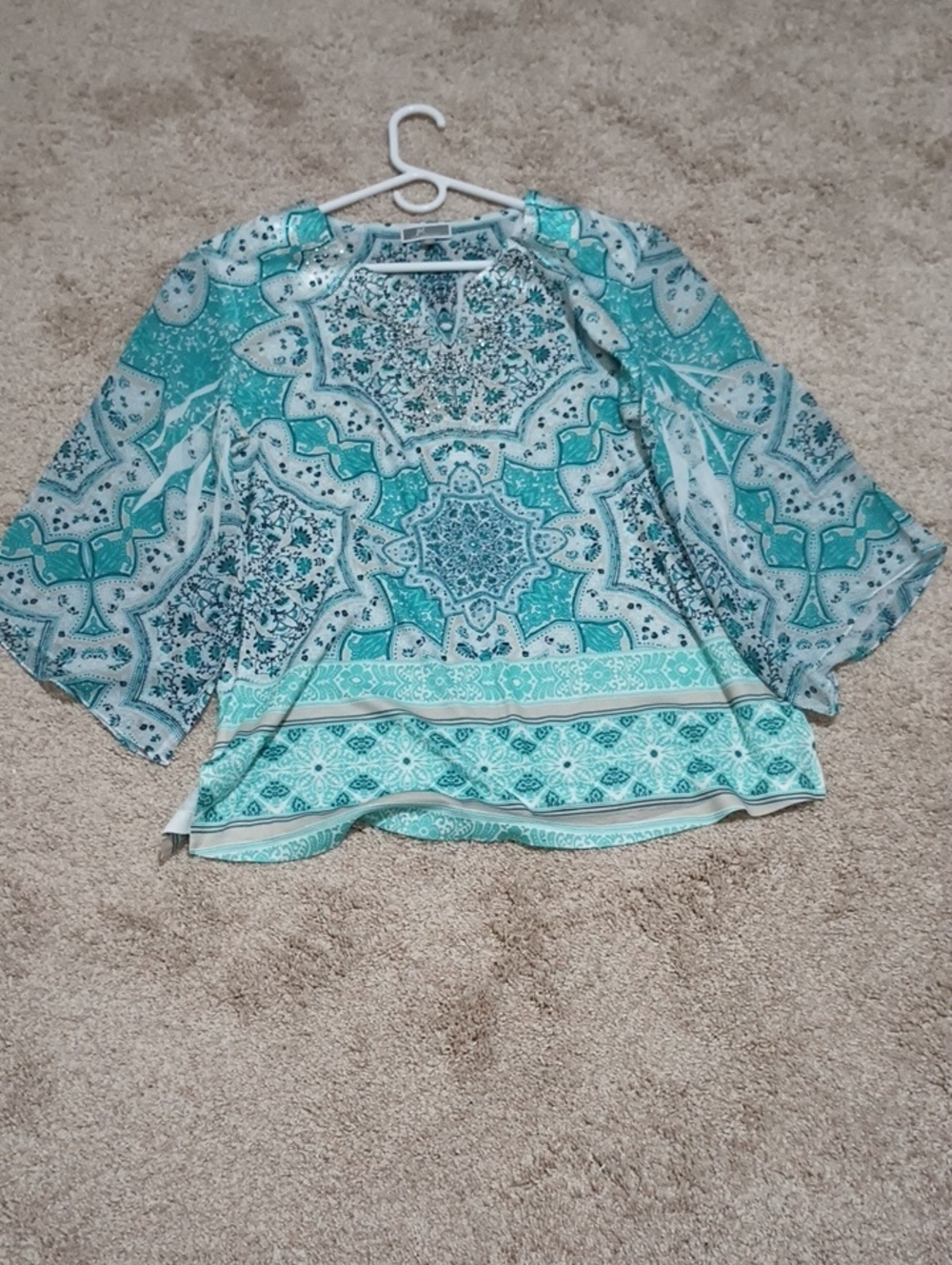 JM Collection Paisley Boho Tunic Top Beaded V-Neck XL Turquoise White NWOT - Picture 15 of 15